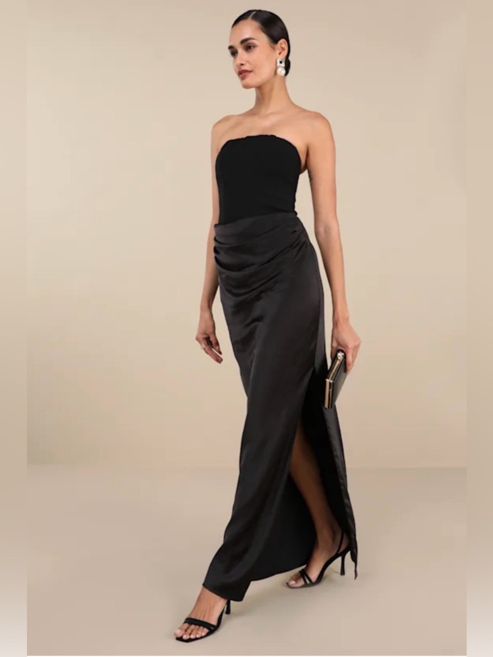NWT Lulu's Black Strapless Bustier Draped Satin Gown With a Slit Medium